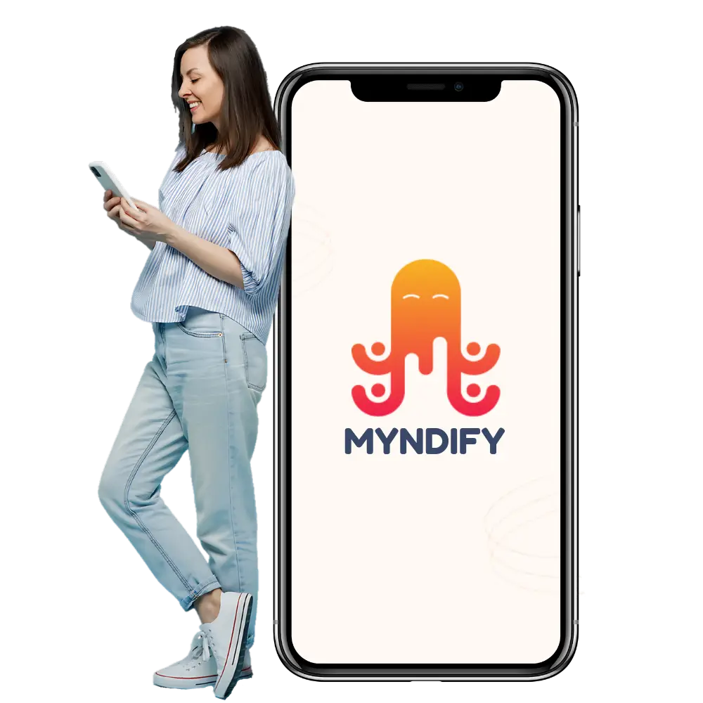 Smiling woman using a smartphone next to a large phone screen displaying the MYNDIFY logo, featuring a playful octopus design.