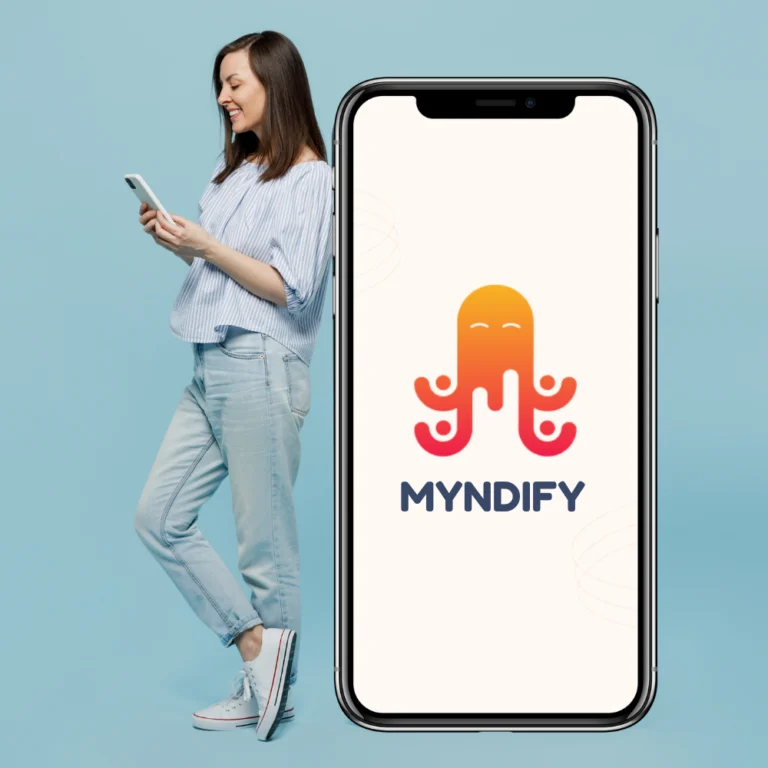 Woman happily using MYNDIFY on her phone while leaning on a phone with the MYNDIFY logo