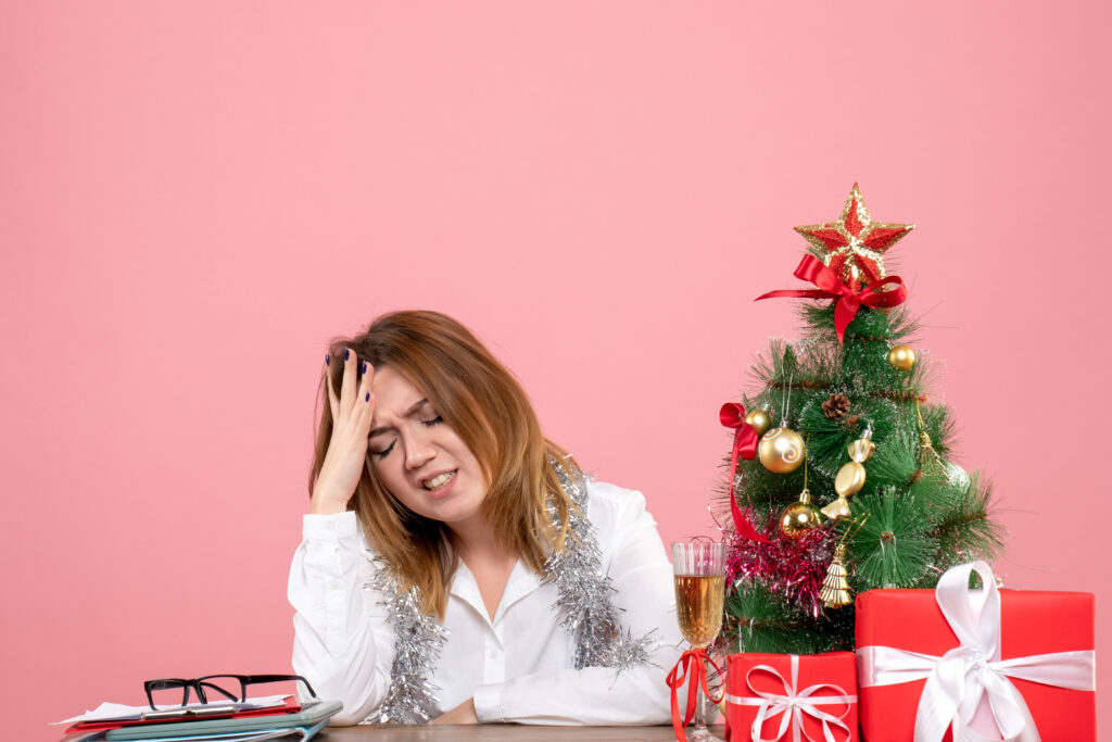 Mom dealing with the stress during the winter holidays.