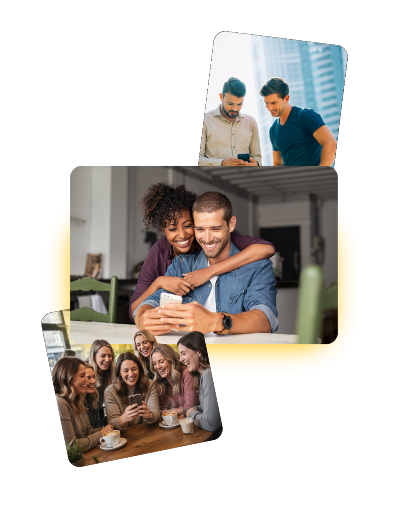 A couple, a friend group, and two guys all looking at a shared record in the MYNDIFY app