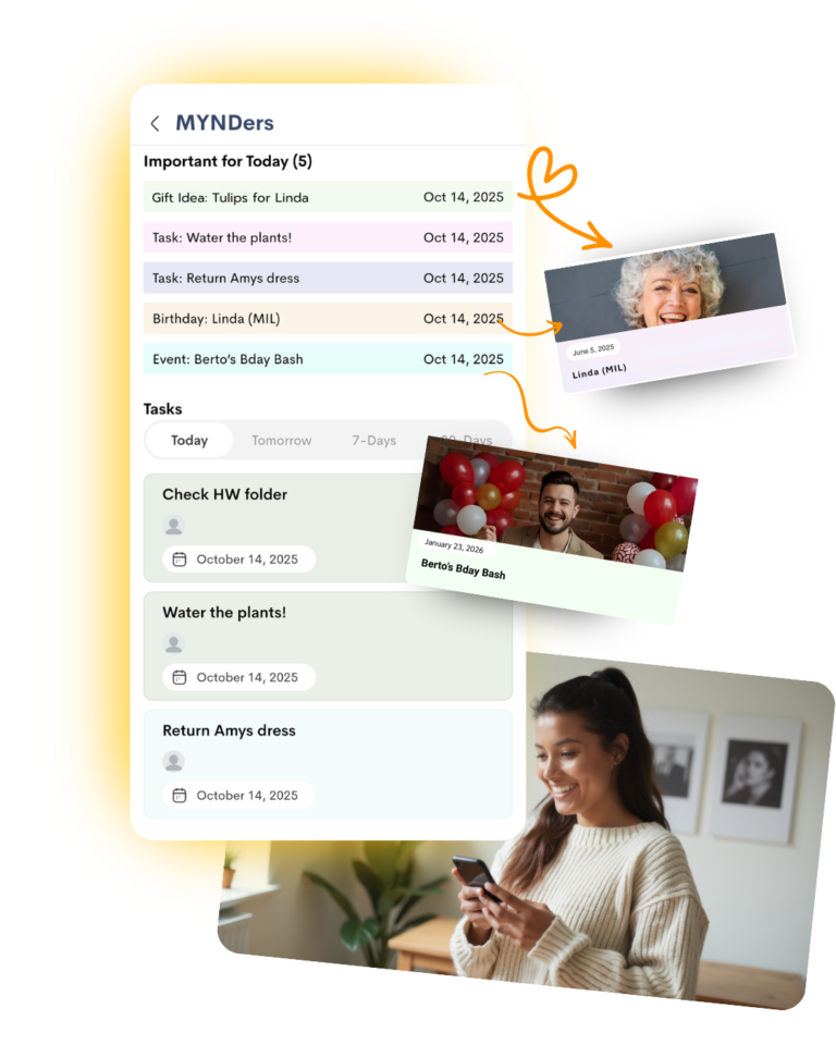 Woman clearing her mental load as she looks at her daily planner in MYNDIFY which tells her important items for the day like birthdays, gift idea reminder, and tasks